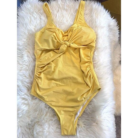 PinkBlush Women’s Yellow Ribbed Front Knot One-Piece Maternity Swimsuit Size M - Picture 9 of 12